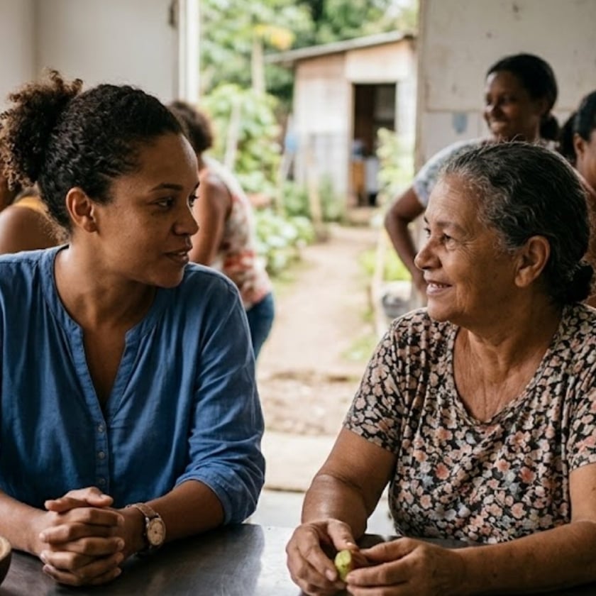 Mulher de blusa azul sentada à mesa numa cozinha aberta, com outras mulheres ao fundo.