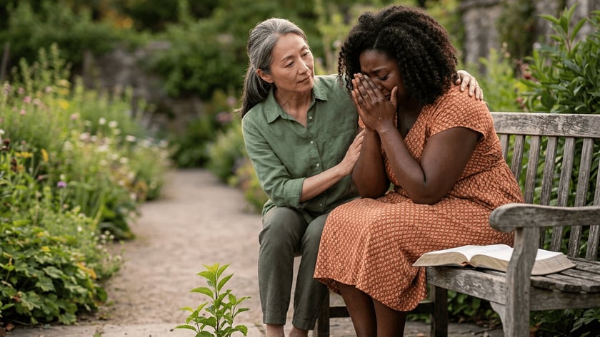 Mulher de cabelos grisalhos consola outra mulher que chora, sentadas em um banco de jardim.