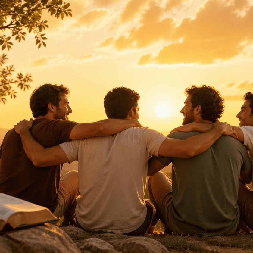 Três homens sentados abraçados numa colina ao pôr do sol, com uma Bíblia aberta e uma lanterna.