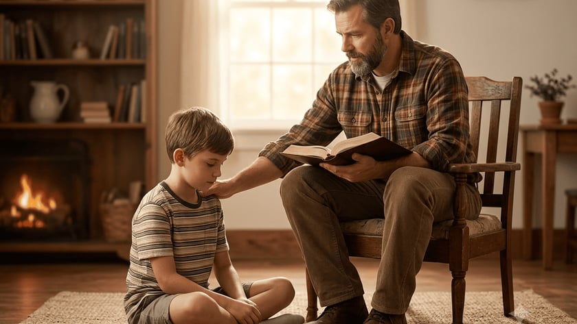 Homem barbado sentado em cadeira, com livro aberto, toca o ombro de um menino sentado no chão.