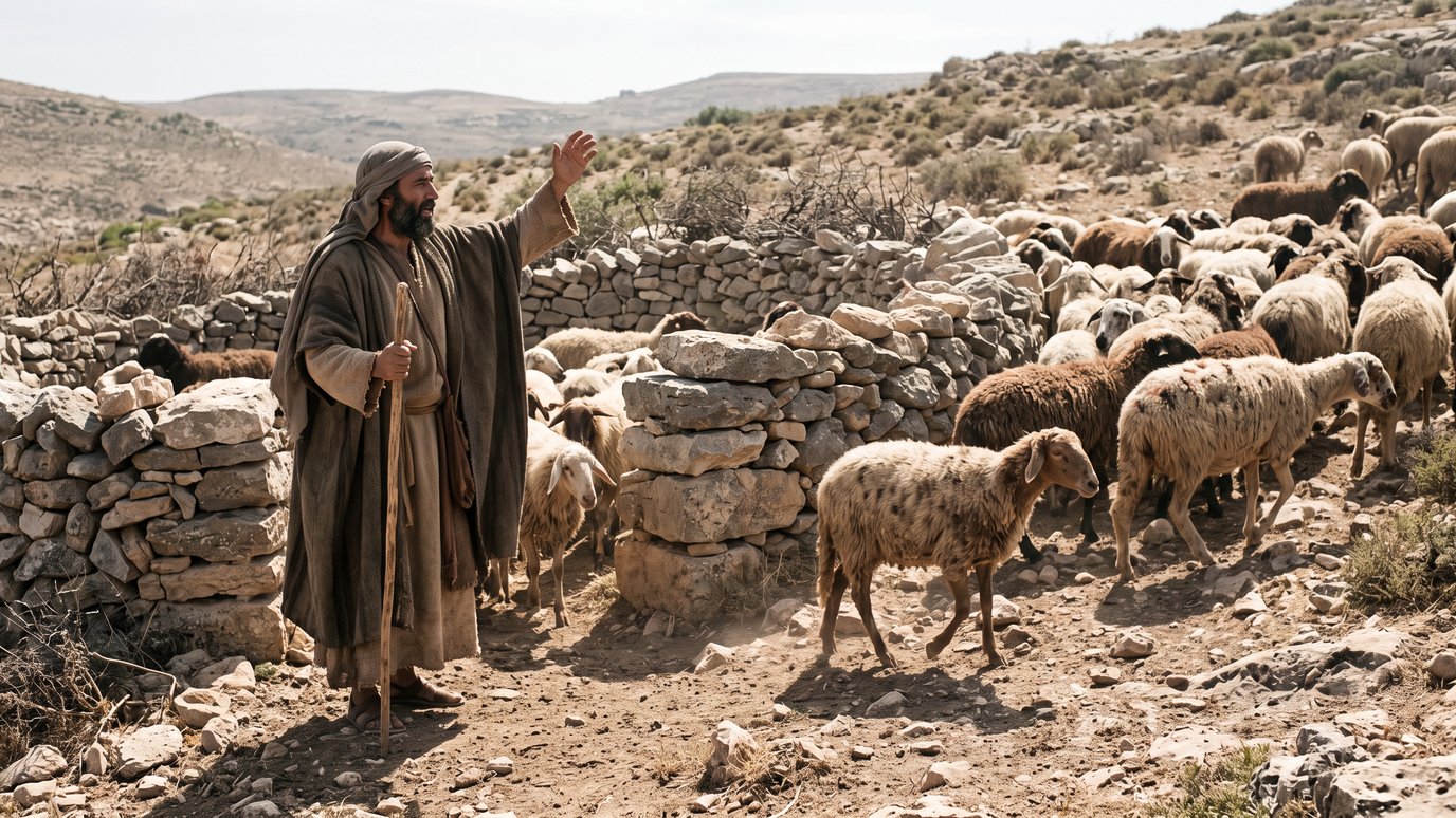 Pastor de manto e cajado ergue a mão diante de um rebanho de ovelhas junto a um muro de pedras.