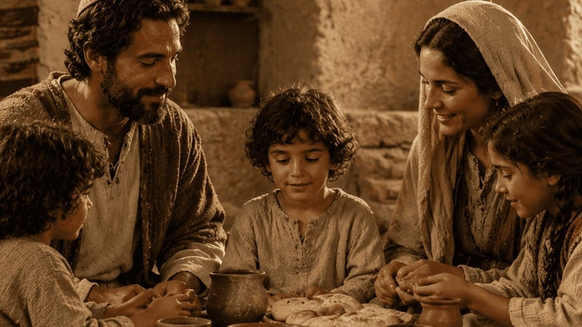 Família com pai, mãe, menino e menina sentados ao redor de uma mesa baixa com pães.