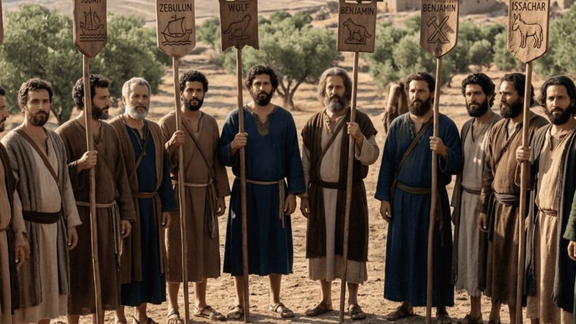 Homens de túnicas antigas seguram estandartes de madeira em colina com oliveiras: "JUDAH"