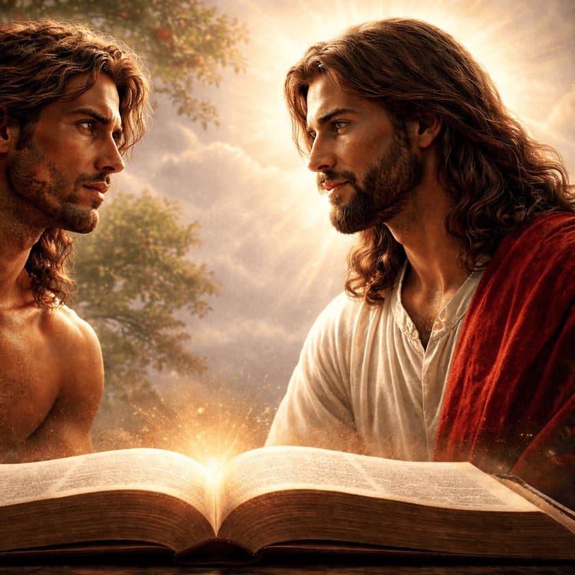 Dois homens de cabelo longo e barba se encaram diante de uma Bíblia aberta.