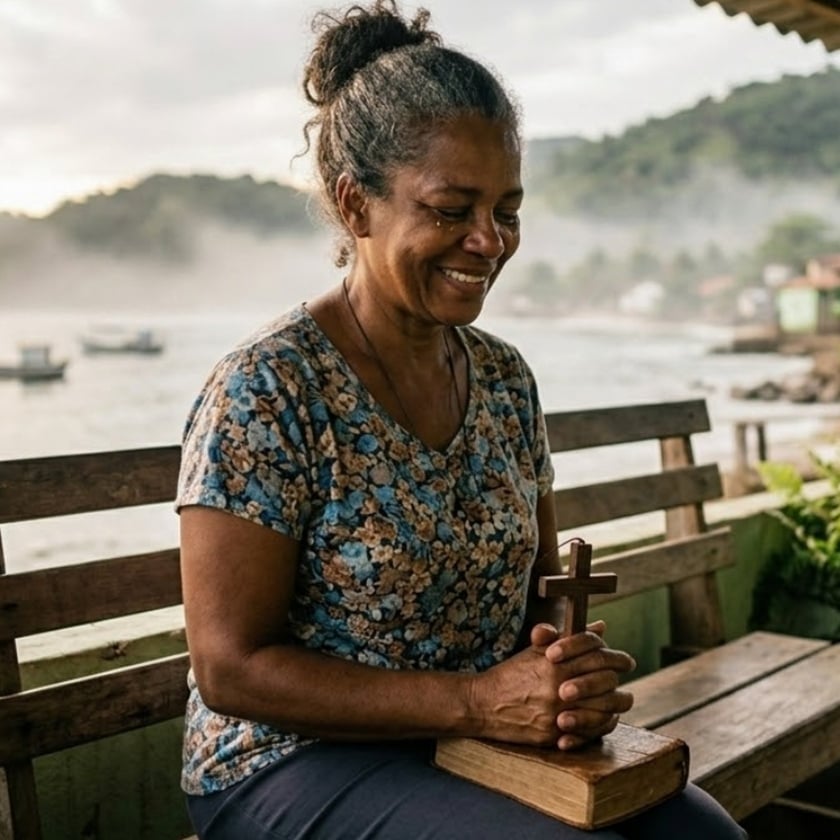 Mulher sorrindo, sentada num banco de madeira, segura uma cruz e uma Bíblia junto ao mar.