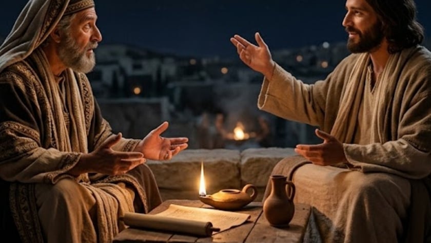 Dois homens de túnica conversam gesticulando à noite