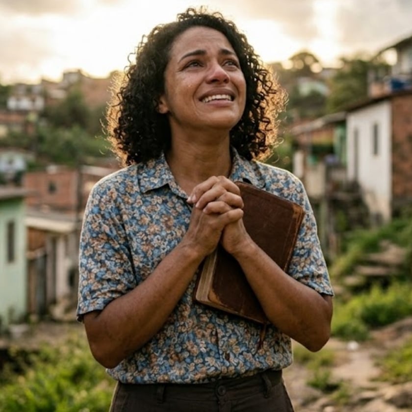 Mulher de cabelo cacheado segura um livro marrom, de mãos unidas