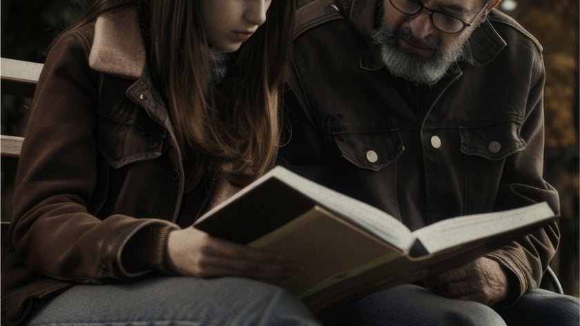 Uma jovem e um homem de barba leem juntos um livro num banco de parque.