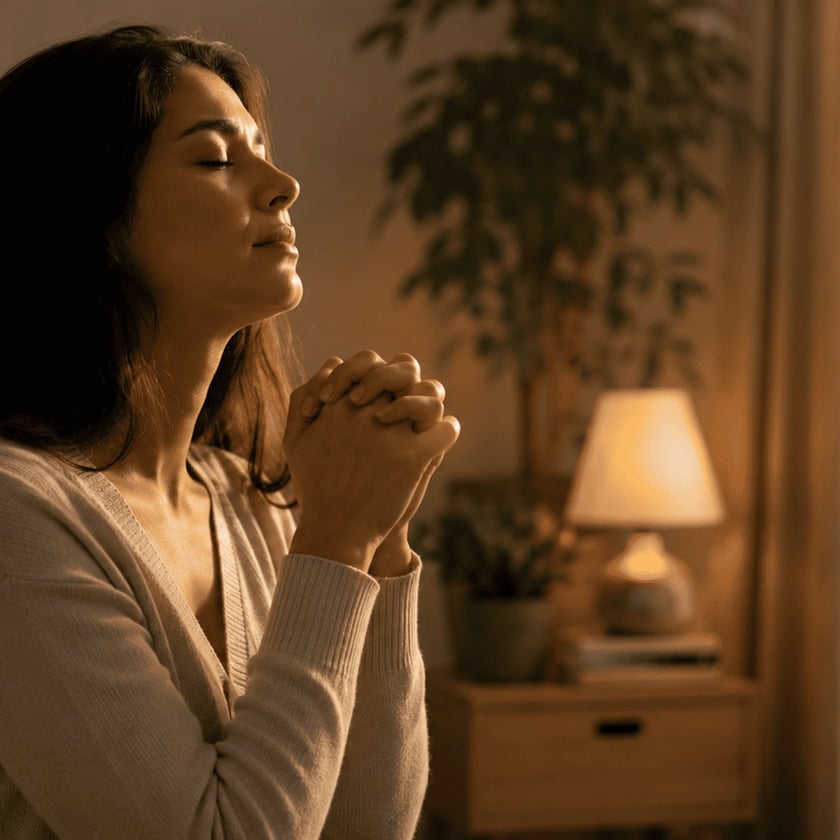 Mulher de cardigã bege, com olhos fechados e mãos entrelaçadas, ora em um quarto.