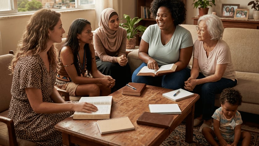 Cinco mulheres e uma criança conversam numa sala, com Bíblias abertas e cadernos sobre a mesa.