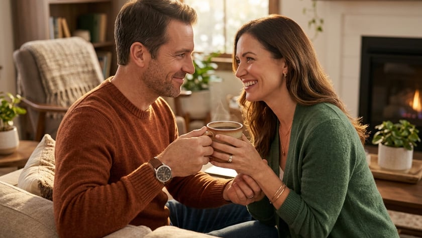 Homem e mulher sentados num sofá segurando juntos uma caneca fumegante na sala.