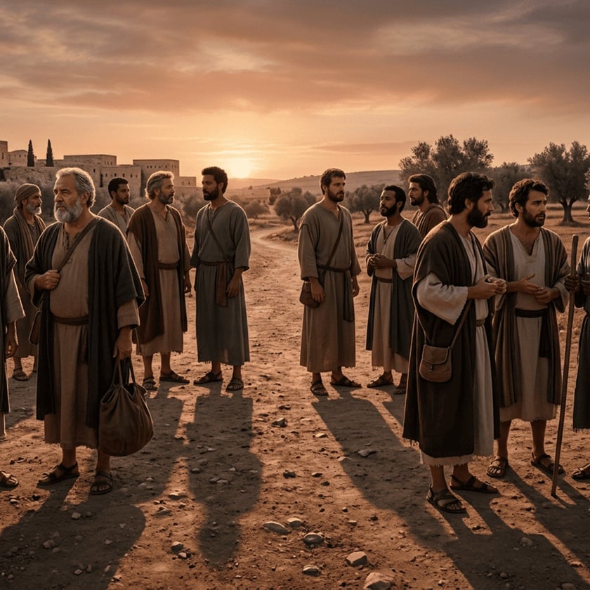 Grupo de homens com túnicas e mantos em estrada de terra ao entardecer.
