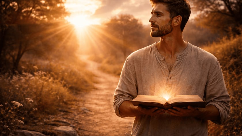 Homem barbudo segura um livro aberto que emite luz, em uma estrada de terra.