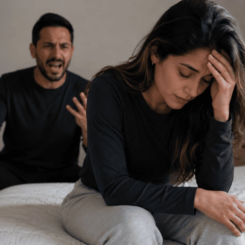 Mulher sentada na cama com a mão na testa, enquanto homem atrás grita e gesticula.