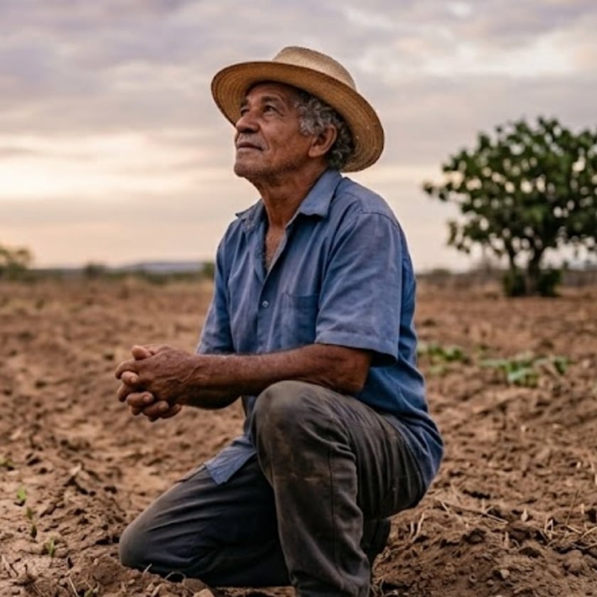 Homem idoso de chapéu de palha agachado em terra seca, olhando para o céu.
