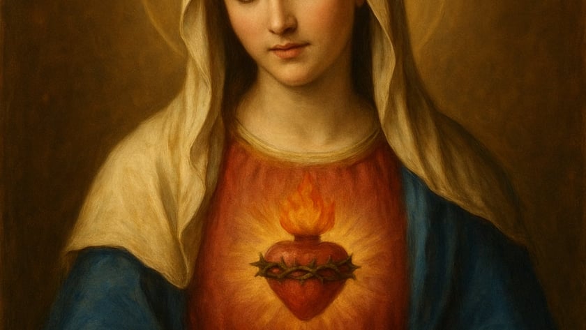 Mulher de véu claro e manto azul, com halo, mão sobre coração flamejante coroado de espinhos.