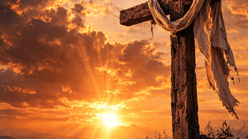 Cruz de madeira com coroa de espinhos e pano rasgado sobre colina ao pôr do sol.