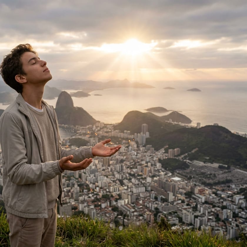 Jovem de jaqueta bege, olhos fechados e mãos abertas, em um morro sobre uma cidade litorânea.