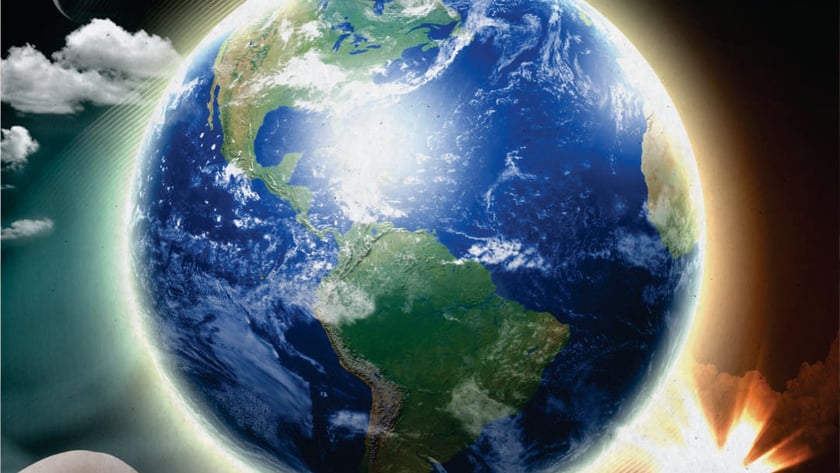 Mão aberta segura o planeta Terra, com as Américas visíveis, ao lado de nuvens e uma lua.