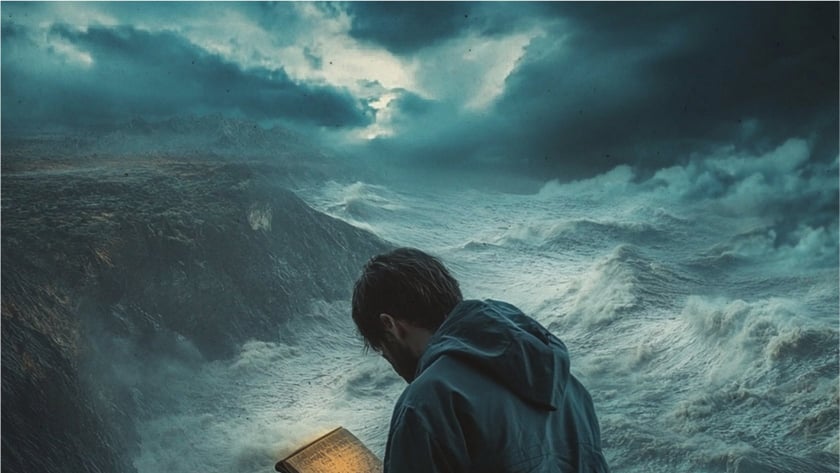 Homem de capuz lê um livro aceso sobre um penhasco, diante do mar agitado.