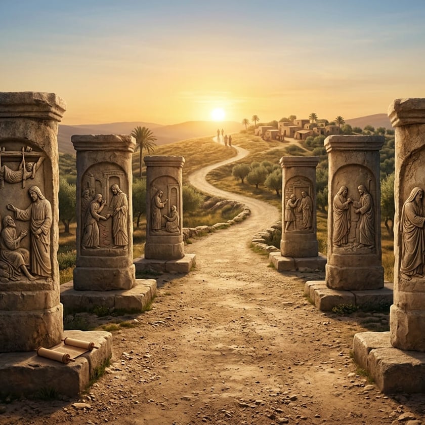 Colunas de pedra esculpidas ladeiam um caminho de terra que leva a uma vila ao pôr do sol.
