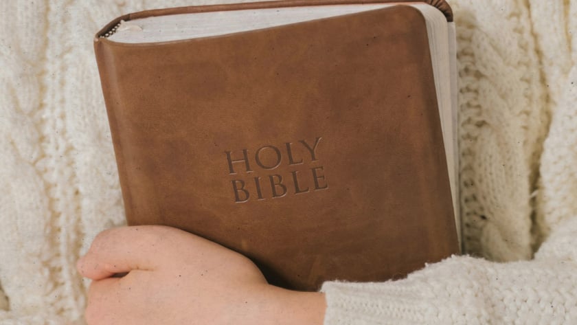 Pessoa de suéter de tricô branco segura uma Bíblia marrom junto ao peito: "HOLY BIBLE".