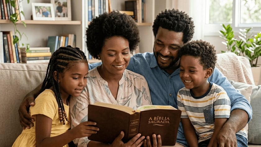 Família negra no sofá lê junta uma Bíblia, com dois filhos: "A Bíblia Sagrada".