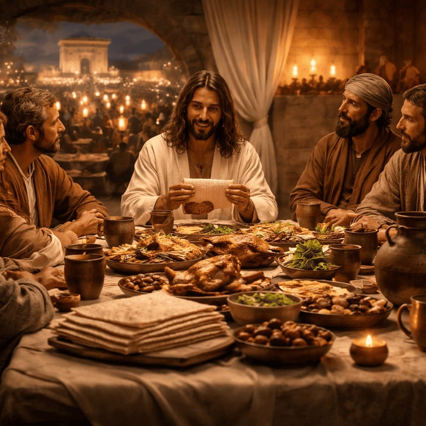 Homem de cabelo comprido segura pão sem fermento à mesa farta com quatro homens.