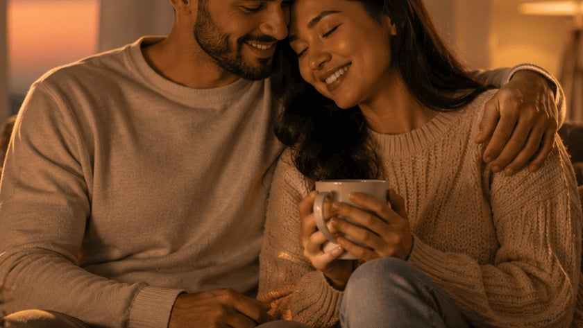 Casal sorrindo abraçado no sofá, com xícaras e uma Bíblia aberta na mesa.