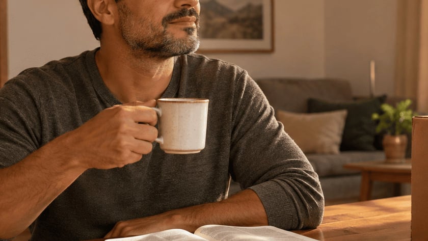 Homem de barba segura uma caneca à mesa, com Bíblia aberta e caixa de papelão.