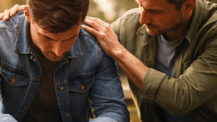 Homem de jaqueta jeans sentado com a cabeça baixa recebe a mão de outro homem no ombro.