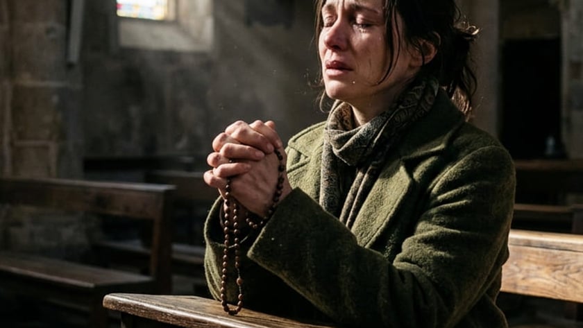 Mulher de casaco verde ajoelhada em uma igreja, com um terço nas mãos, chorando.