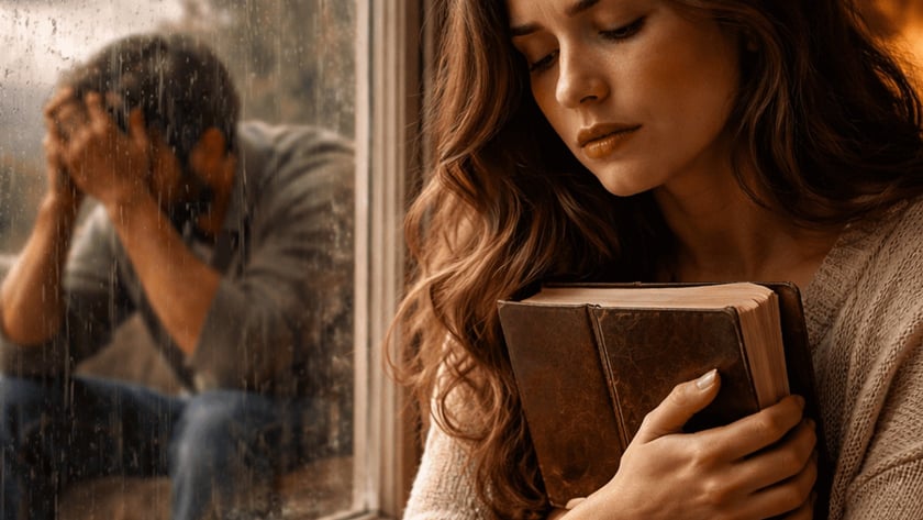 Mulher abraça um livro de capa de couro junto à janela molhada pela chuva; homem do lado de fora