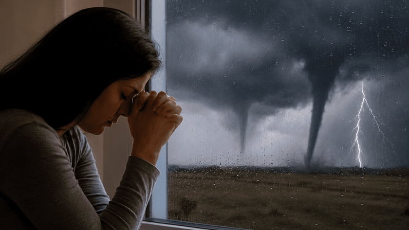 Mulher de cabeça baixa e mãos unidas junto à janela, com tornados lá fora.