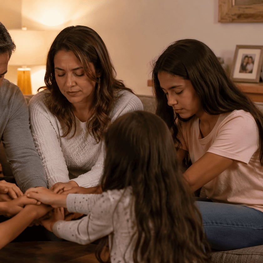 Família sentada na sala, de olhos fechados, com as mãos unidas sobre a mesa de centro.
