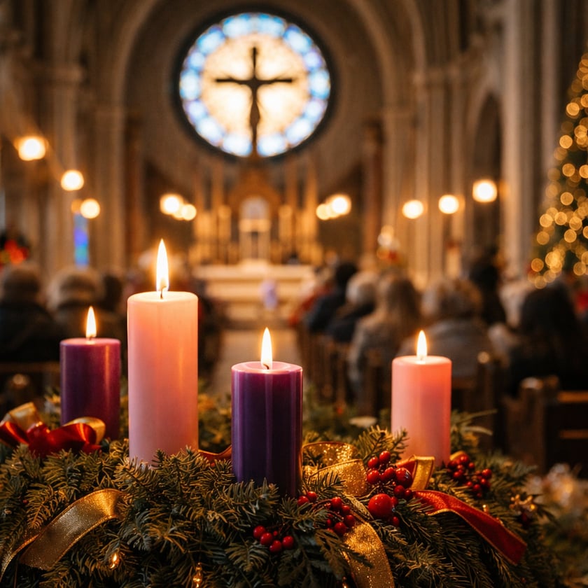 Coroa do Advento com quatro velas acesas dentro de uma igreja com fiéis sentados