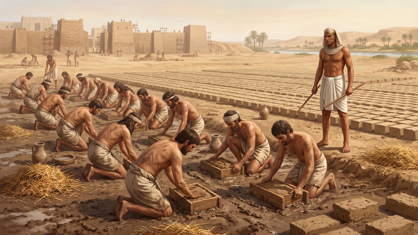 Homens ajoelhados na lama moldam tijolos sob a vigia de um capataz, no Egito antigo.