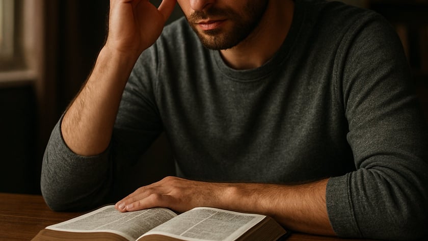 Homem de barba, com a mão na têmpora, sentado diante de um livro aberto sobre a mesa.
