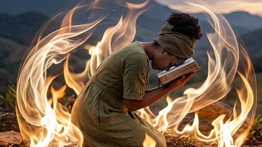 Mulher ajoelhada com a testa apoiada em um livro, cercada por chamas, em um morro.
