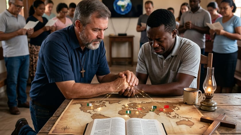 Dois homens de mãos dadas rezam sobre um mapa-múndi, com uma Bíblia aberta e pessoas ao fundo.