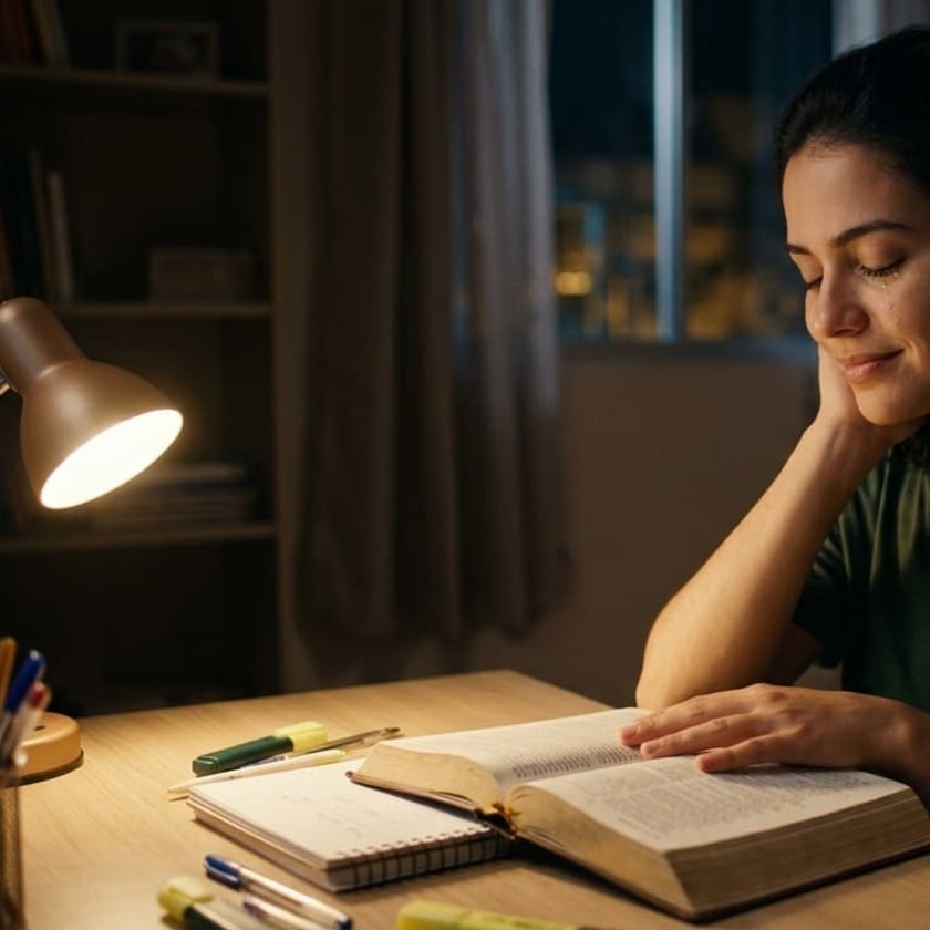 Mulher de olhos fechados, com a mão sobre um livro aberto, à mesa à noite.