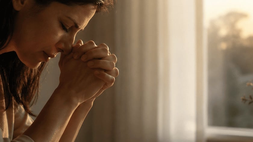 Mulher de cabeça baixa e mãos unidas, ao lado de uma Bíblia aberta e uma xícara.