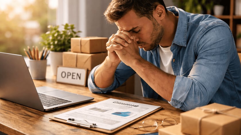 Homem de camisa jeans com as mãos unidas no rosto, à mesa com laptop e caixas. "OPEN"