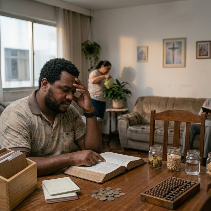 Homem sentado à mesa lê a Bíblia, com moedas e potes, enquanto mulher rega plantas.