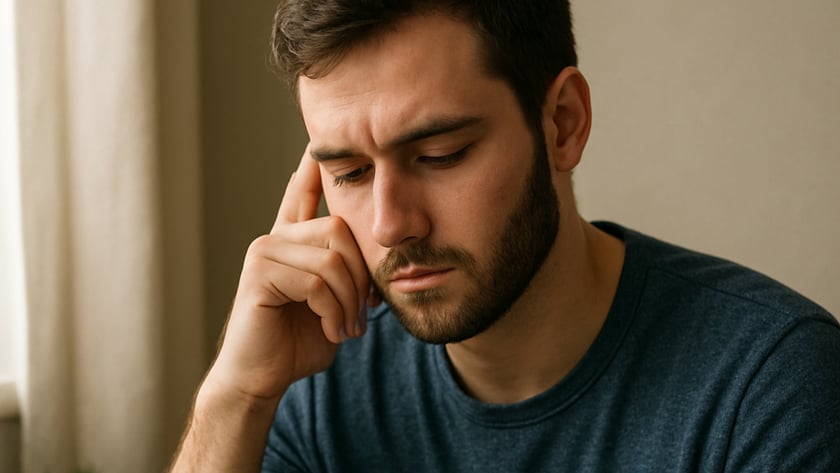 Homem barbado de camiseta azul com a mão no rosto olha um livro aberto.