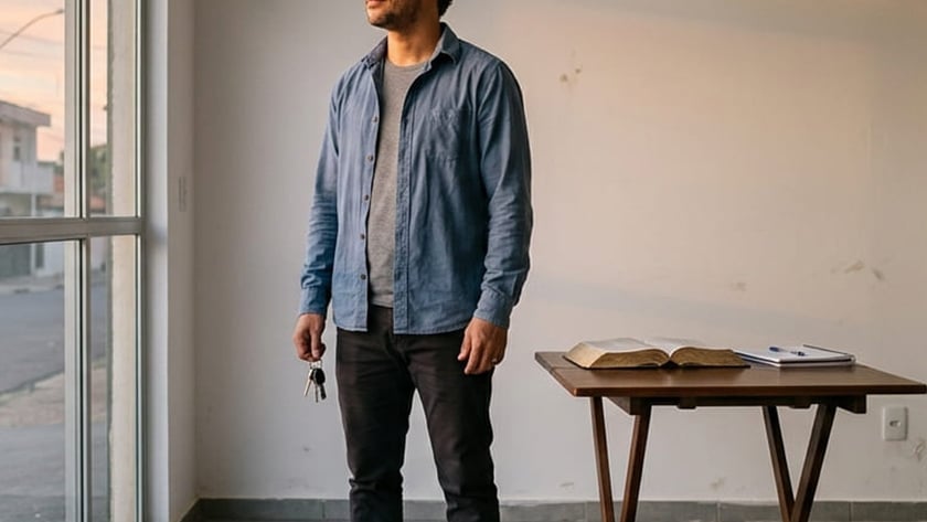 Homem de camisa azul segura chaves em sala vazia, olhando pela janela.