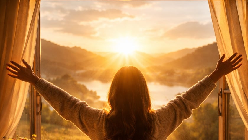 Mulher de costas, com os braços abertos diante de uma janela, olha o nascer do sol.