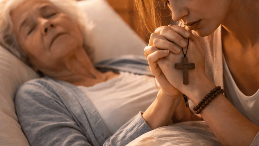 Jovem reza com um crucifixo ao lado de uma idosa deitada na cama.