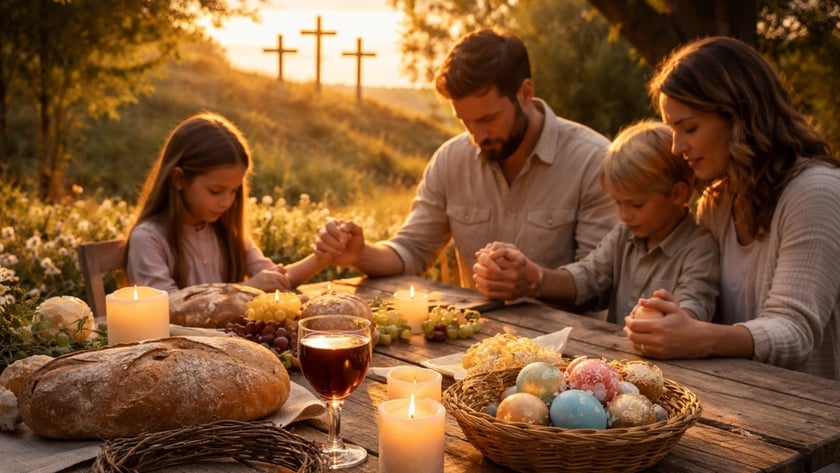 Pai e filha de mãos dadas rezando à mesa com pães, uvas, vinho e ovos.