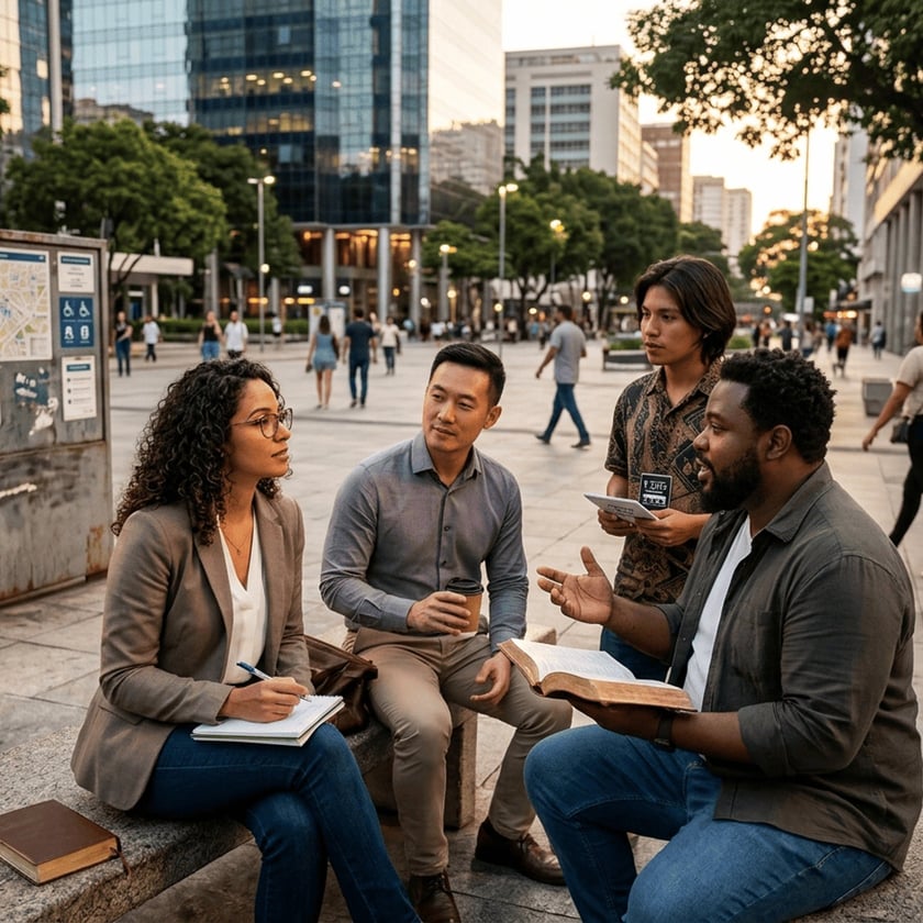 Quatro pessoas conversam numa praça urbana; um homem lê a Bíblia e uma mulher anota.